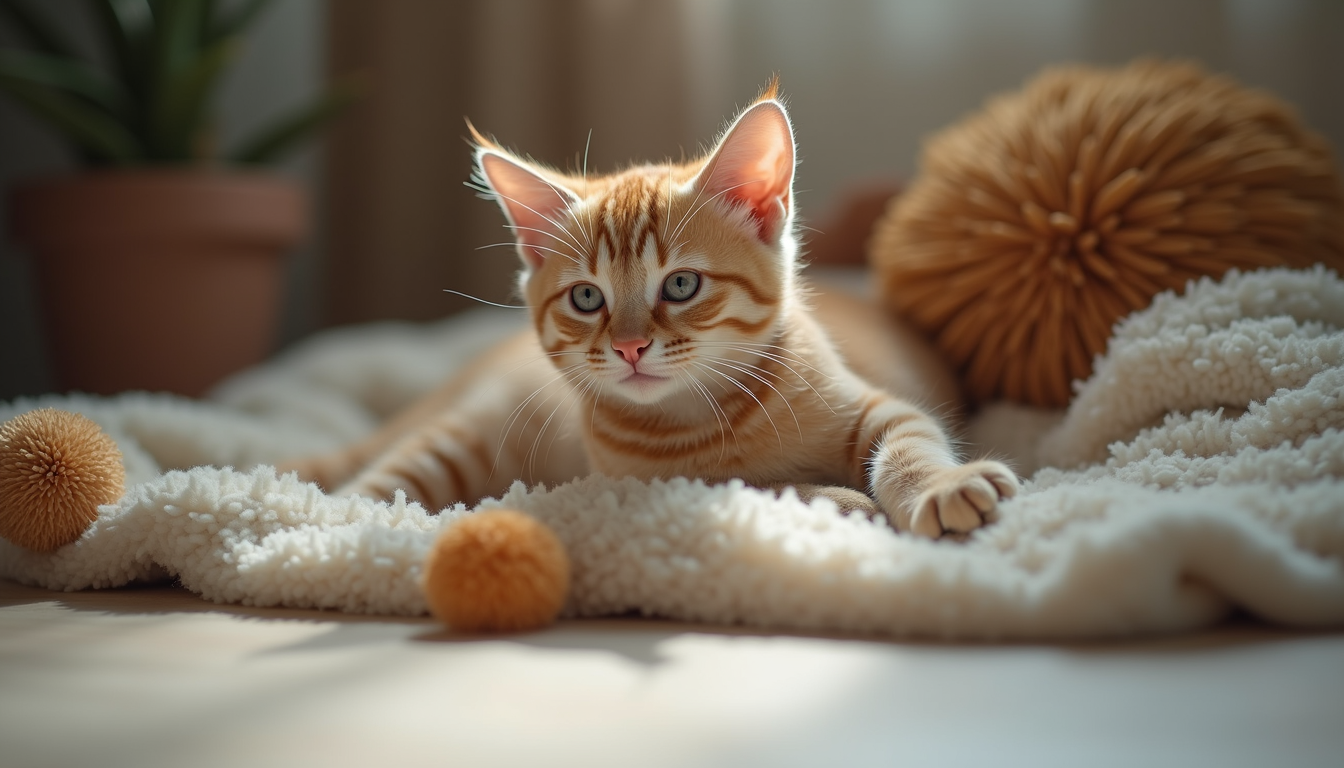 A cat relaxing in a soft, home-like lounging space