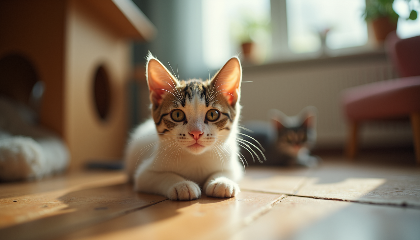 A kitten in a bright indoor cat care environment