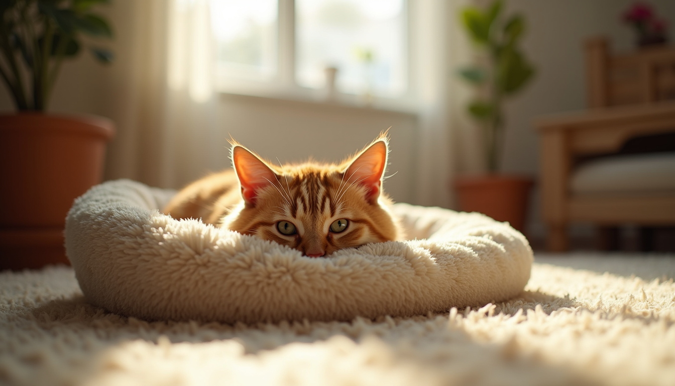 An orange cat resting in a cosy bed in sunlight